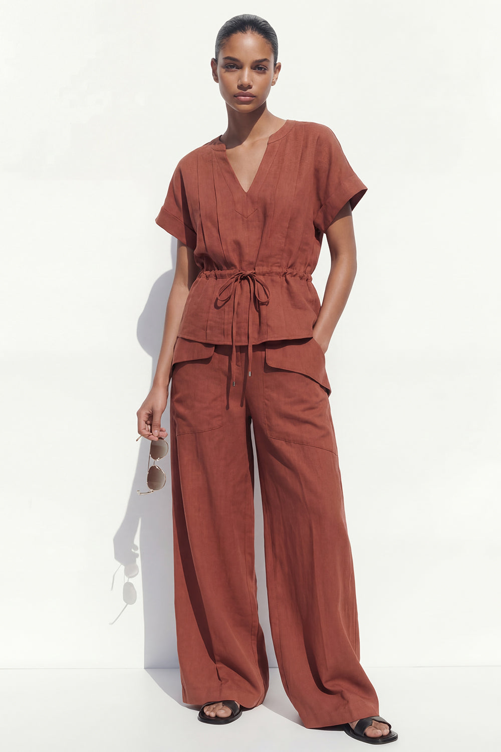Caramel V-Neck Short Sleeves Long Women Suit with Belt