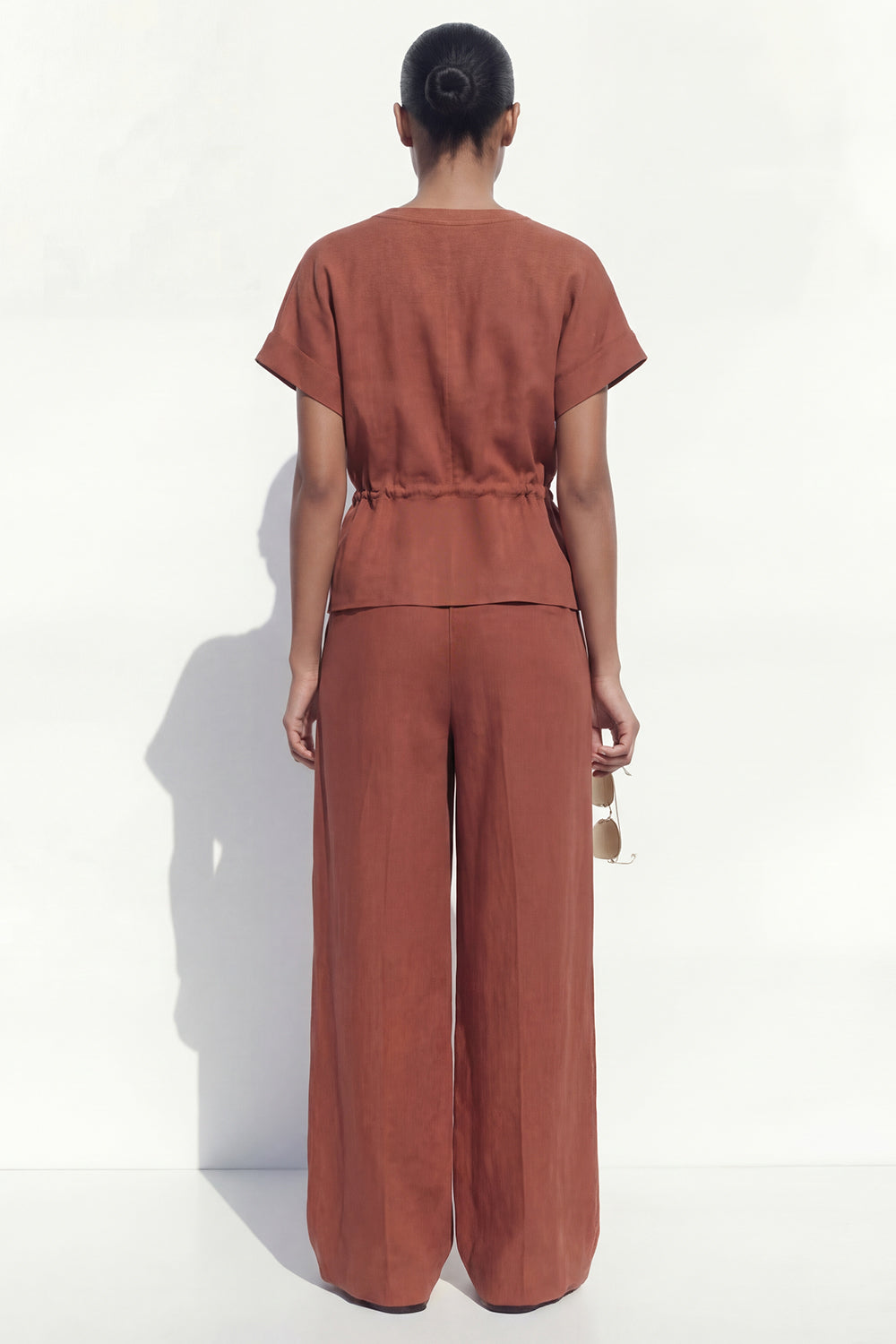 Caramel V-Neck Short Sleeves Long Women Suit with Belt