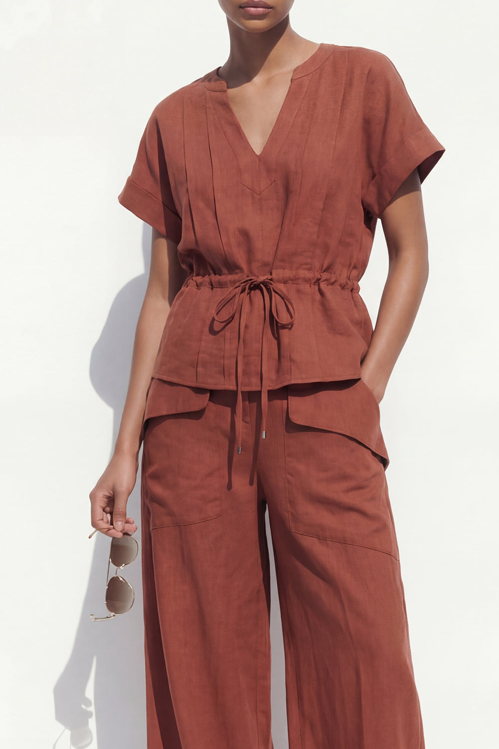 Caramel V-Neck Short Sleeves Long Women Suit with Belt