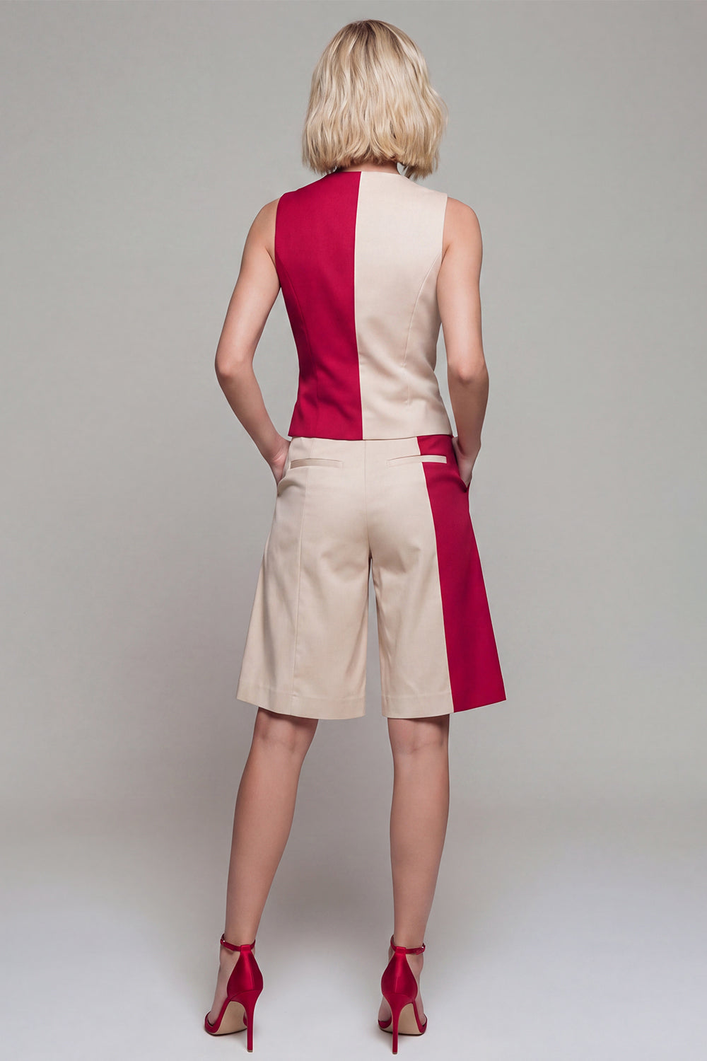 ColorBlock Light Khaki 2 Piece V Neck Women Suits