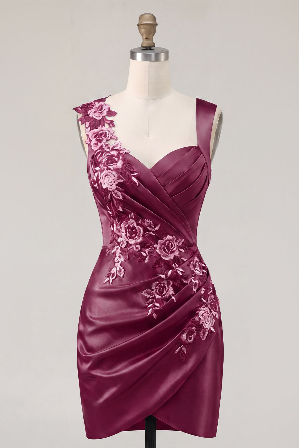 Navy Satin Ruched Embroidered Bodycon Short Prom Dress