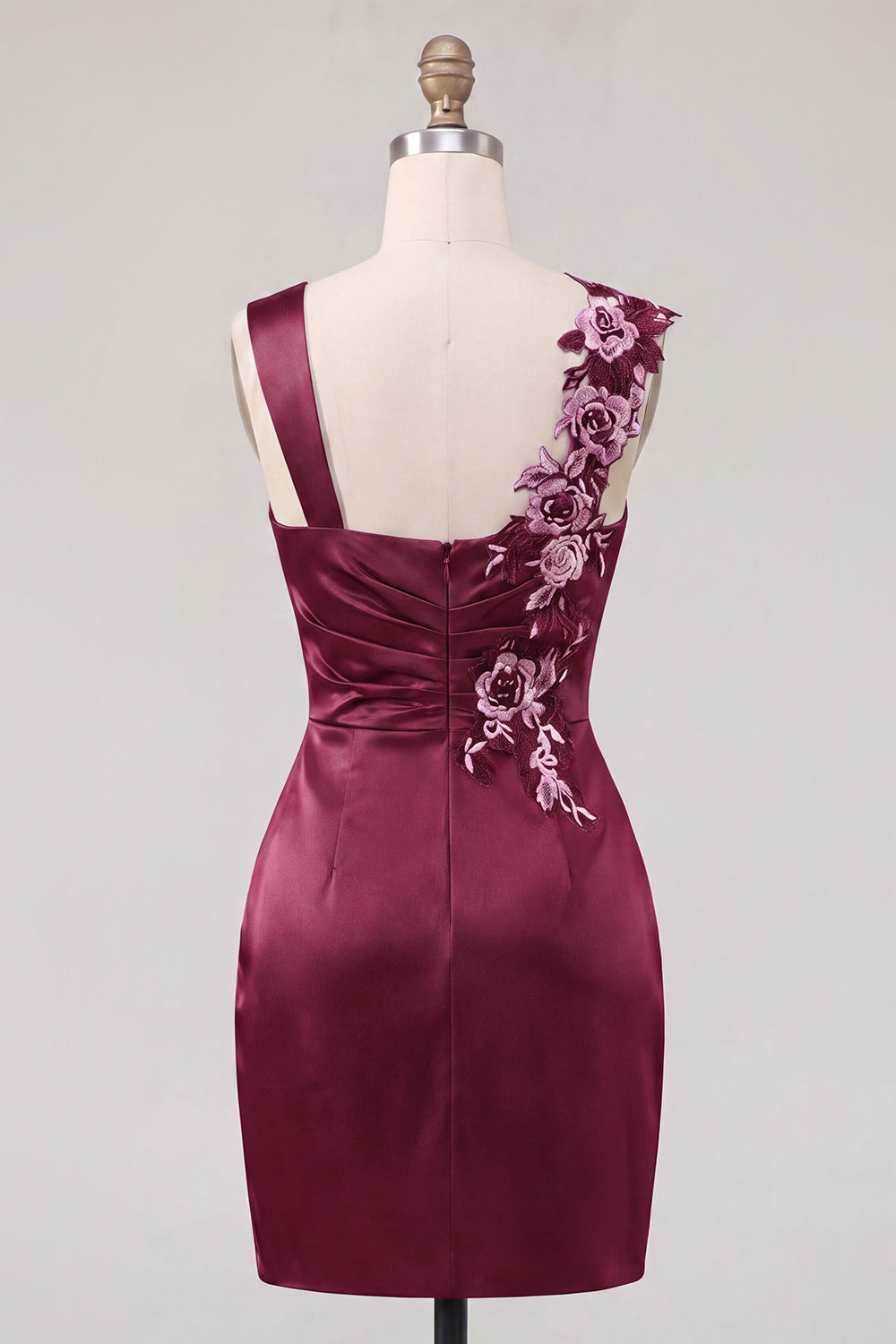 Navy Satin Ruched Embroidered Bodycon Short Prom Dress