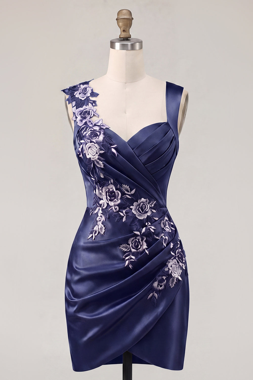 Navy Satin Ruched Embroidered Bodycon Short Prom Dress