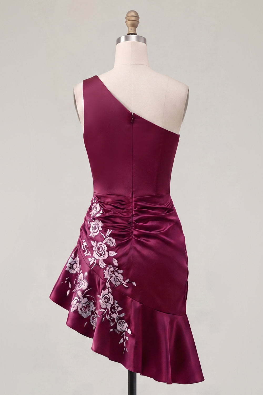 One Shoulder Navy Satin Asymmetrical Ruched Bodycon Mini Cocktail Dress