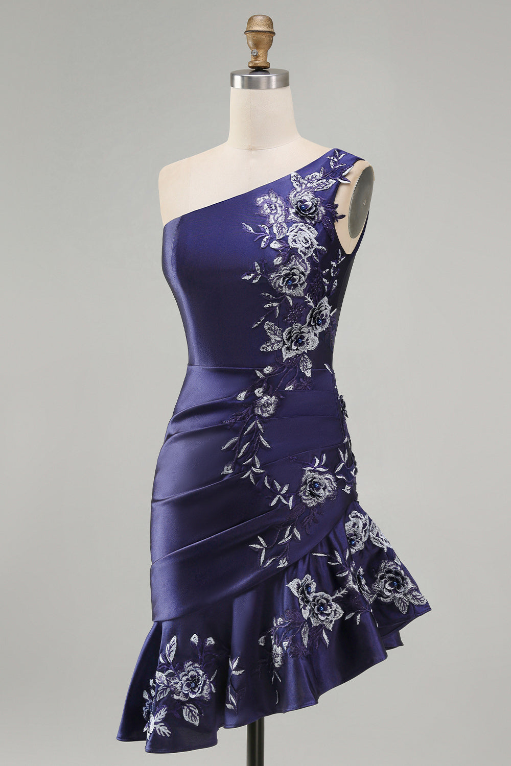 One Shoulder Navy Satin Asymmetrical Ruched Bodycon Mini Cocktail Dress