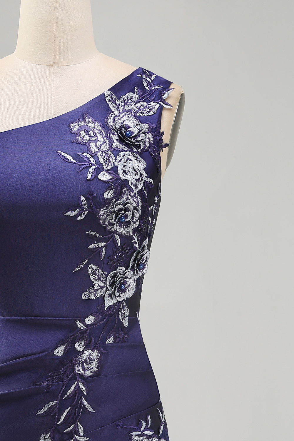 One Shoulder Navy Satin Asymmetrical Ruched Bodycon Mini Cocktail Dress