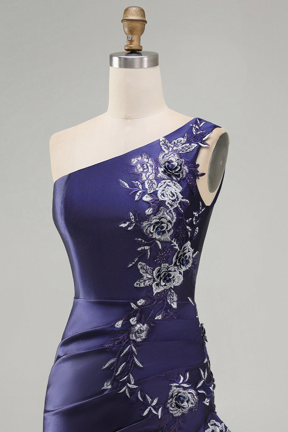 One Shoulder Navy Satin Asymmetrical Ruched Bodycon Mini Cocktail Dress