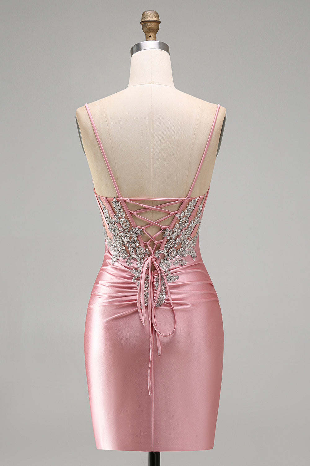 Satin Blush Bodycon Corset Ruched Short Prom Dress with Rhinestones
