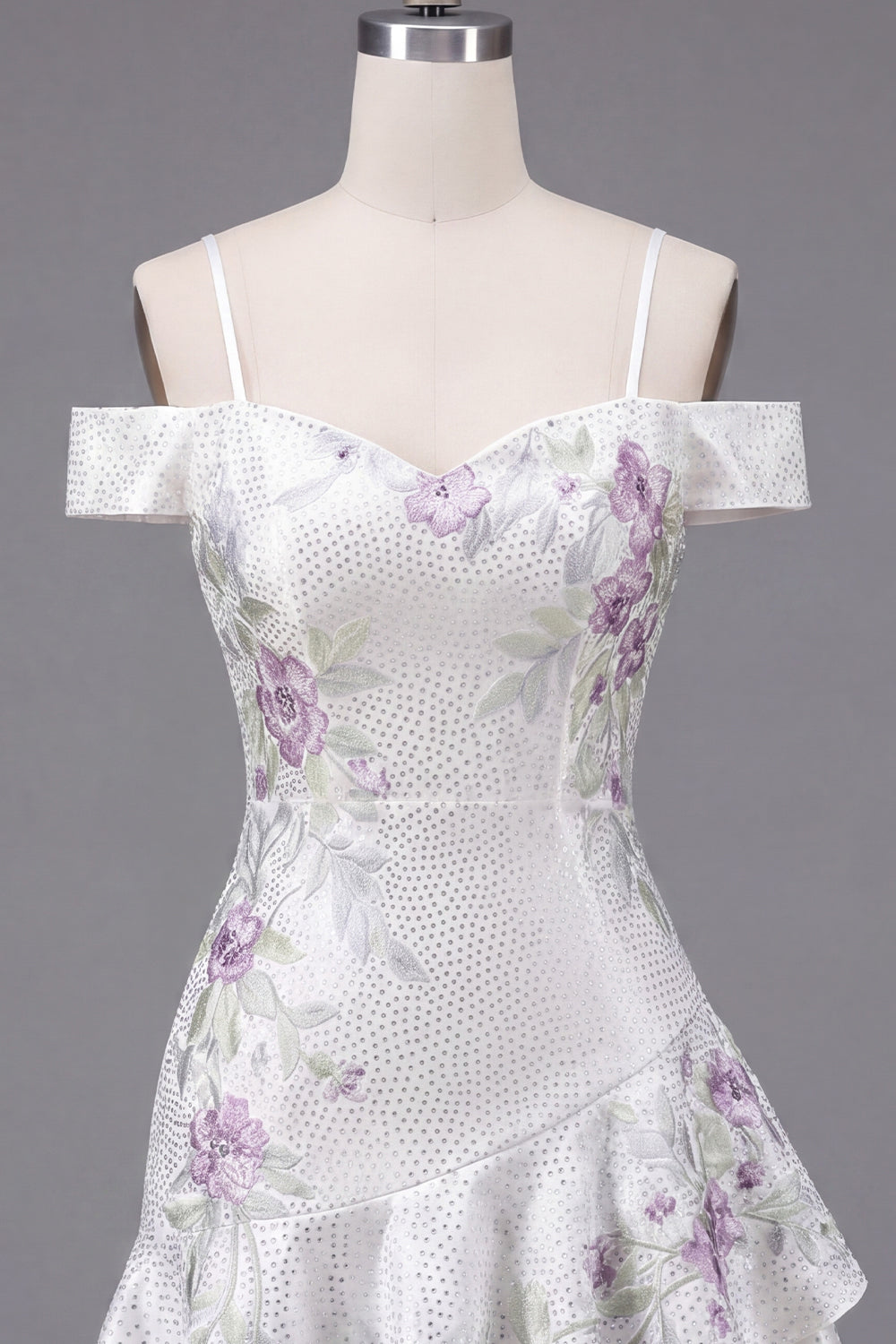 Cold Shoulder A-Line White Floral Short Prom Dress with Beading