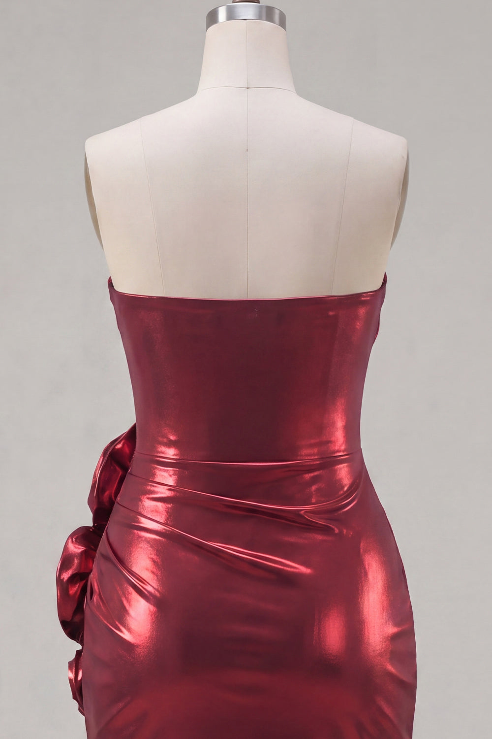 Metallic Burgundy Strapless Bodycon Ruched Short Prom Dress with 3D Flowers