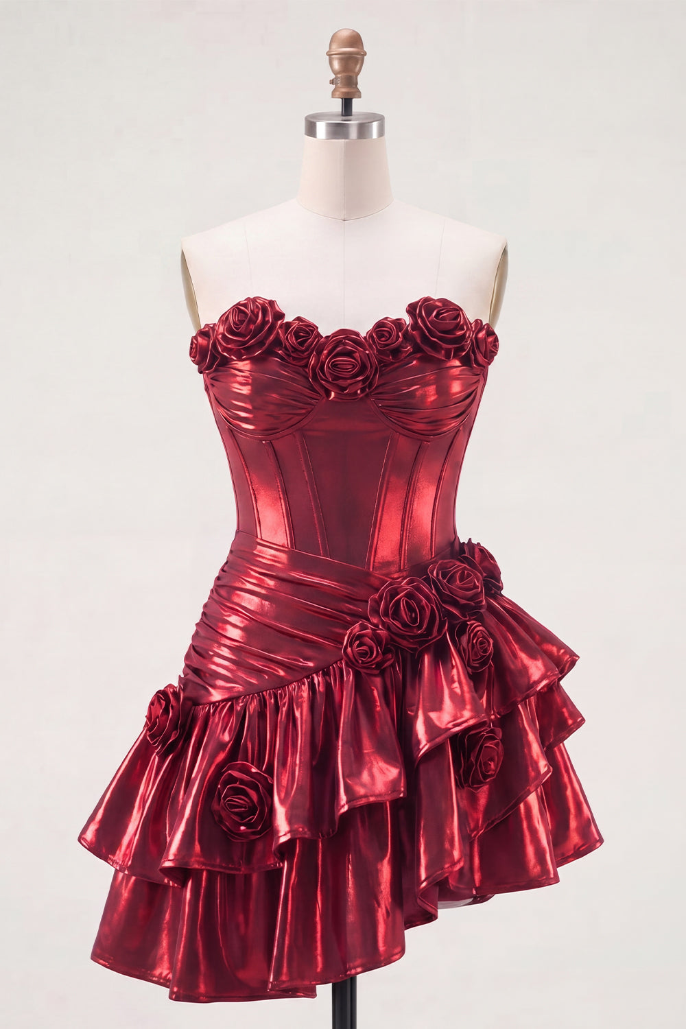 Robe Courte de Bal A-Line Bourgogne Métallisée à Épaules Dénudées, Corset et Fleurs 3D
