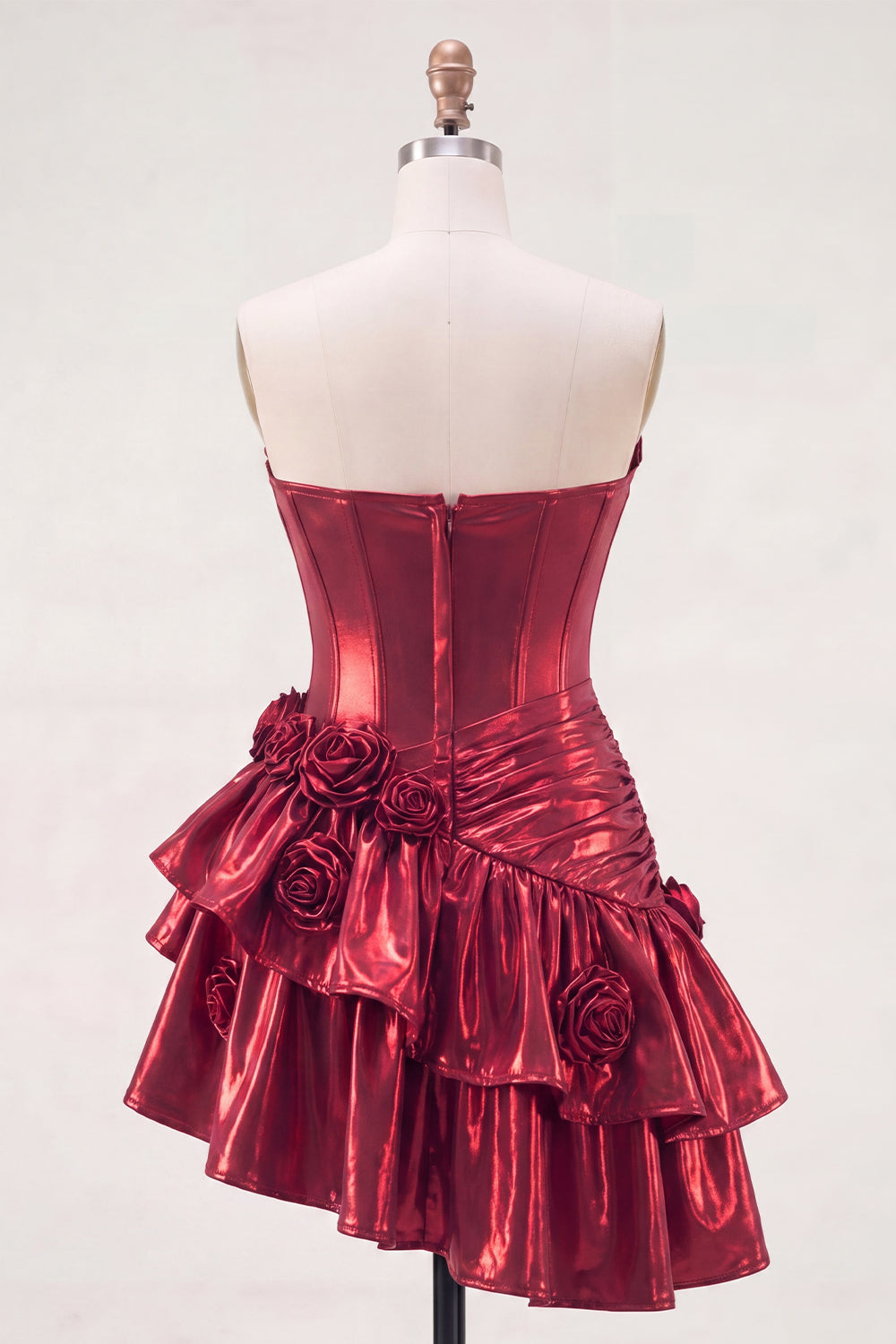 Robe Courte de Bal A-Line Bourgogne Métallisée à Épaules Dénudées, Corset et Fleurs 3D