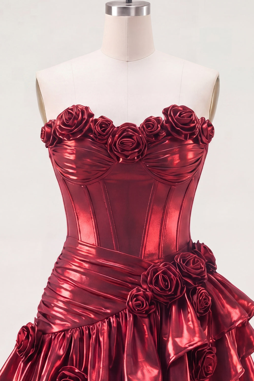 Robe Courte de Bal A-Line Bourgogne Métallisée à Épaules Dénudées, Corset et Fleurs 3D