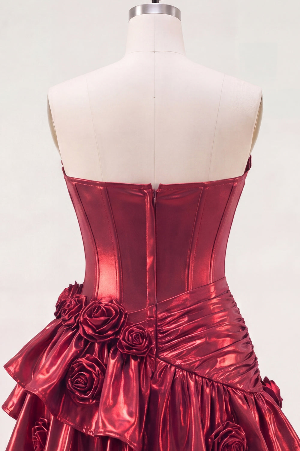 Robe Courte de Bal A-Line Bourgogne Métallisée à Épaules Dénudées, Corset et Fleurs 3D