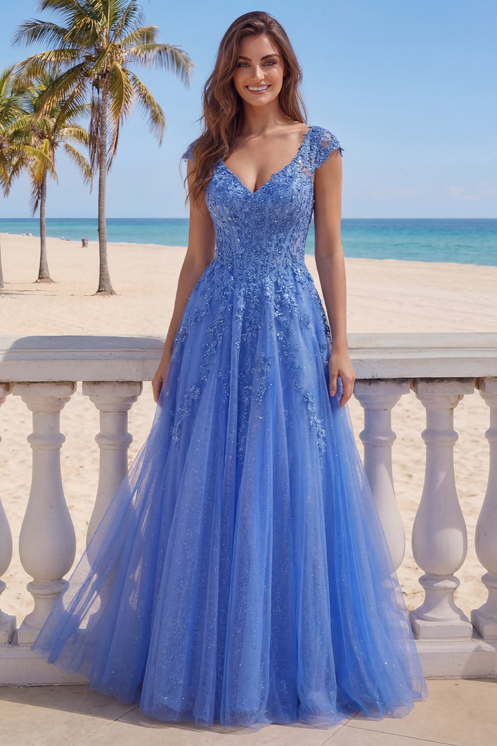 Robe longue de soirée bleu foncé coupe trapèze avec corset et col en V ornée d'appliqués