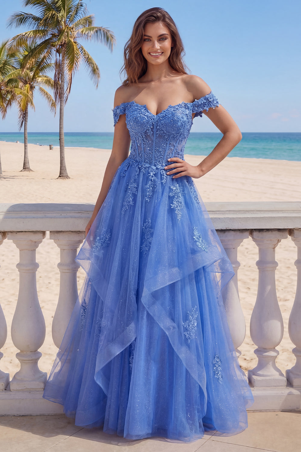 Off the Shoulder Tulle Dark Blue A-Line Corset Appliqued Long Prom Dress with Ruffles