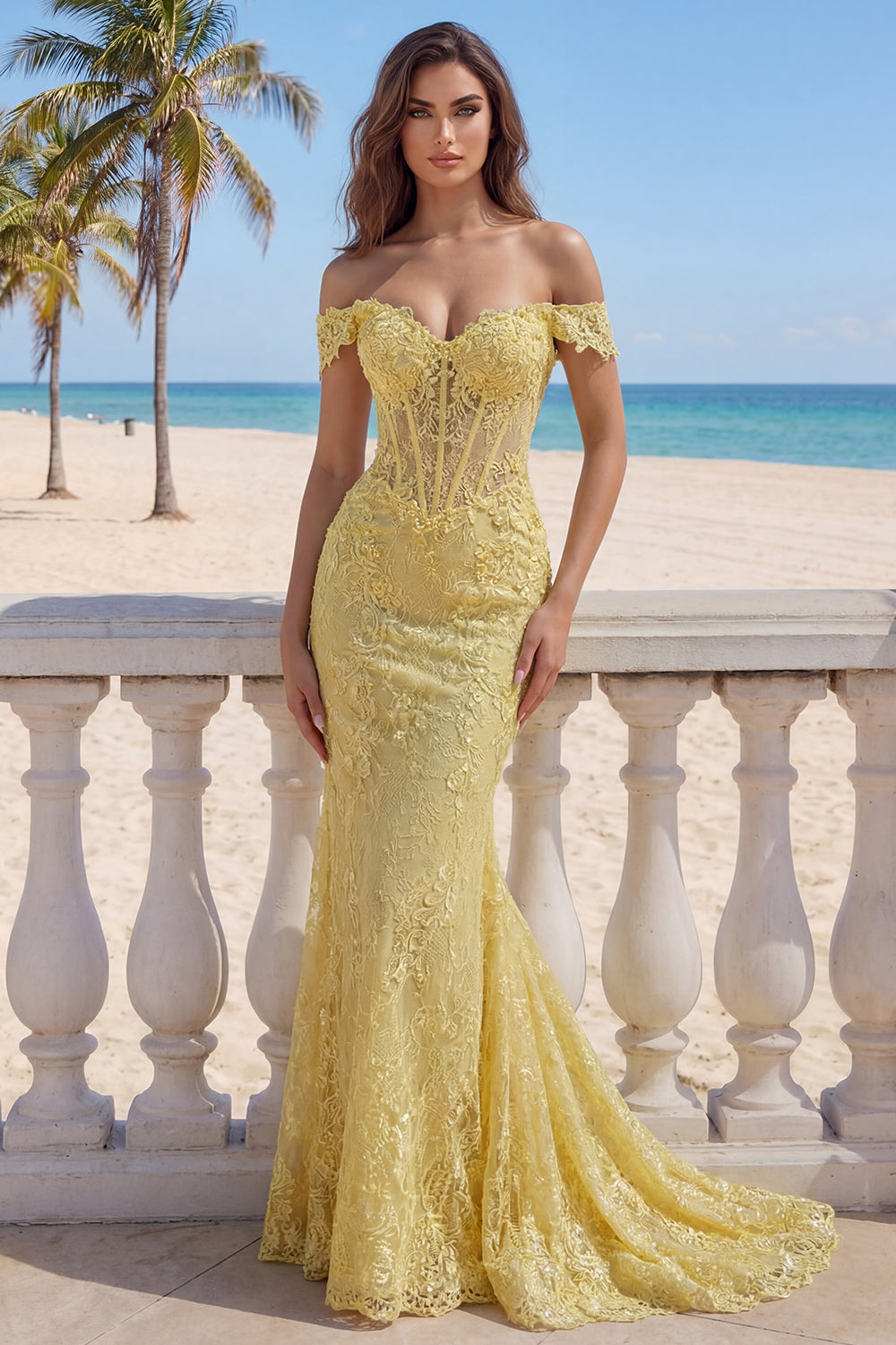 Yellow Lace Mermaid Off-the-Shoulder Corset Long Prom Dress