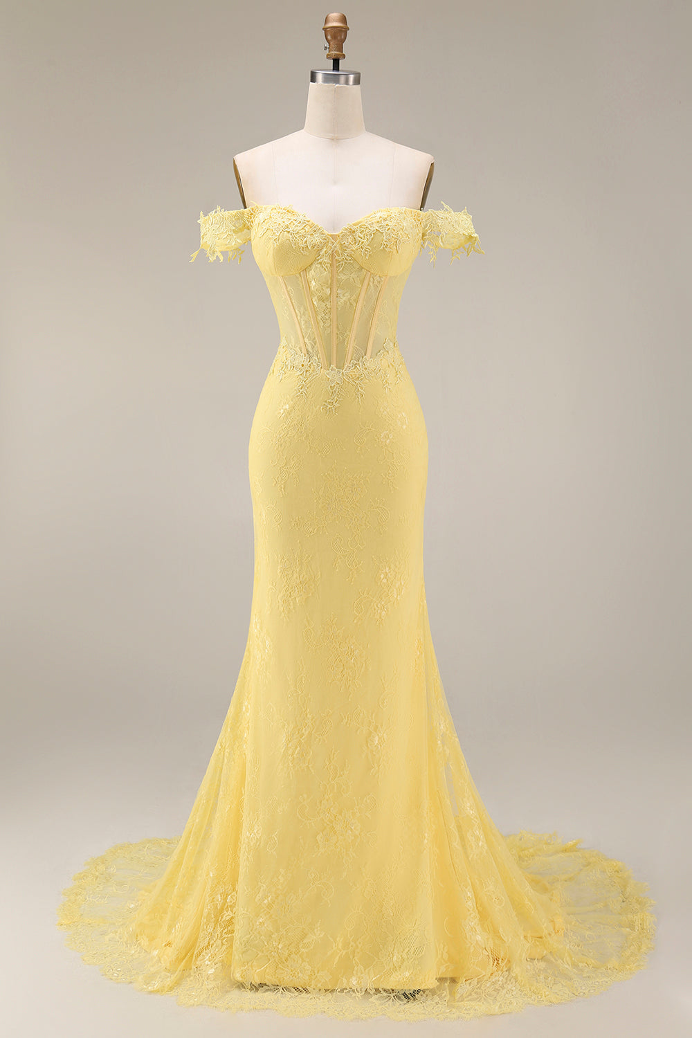 Yellow Lace Mermaid Off-the-Shoulder Corset Long Prom Dress