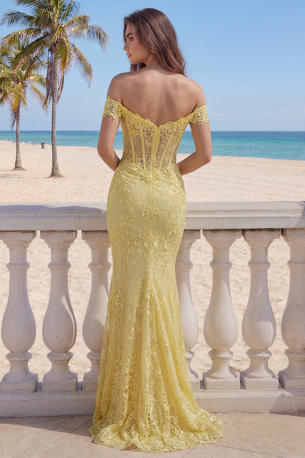 Lace Off the Shoulder Mermaid Corset Yellow Long Prom Dress
