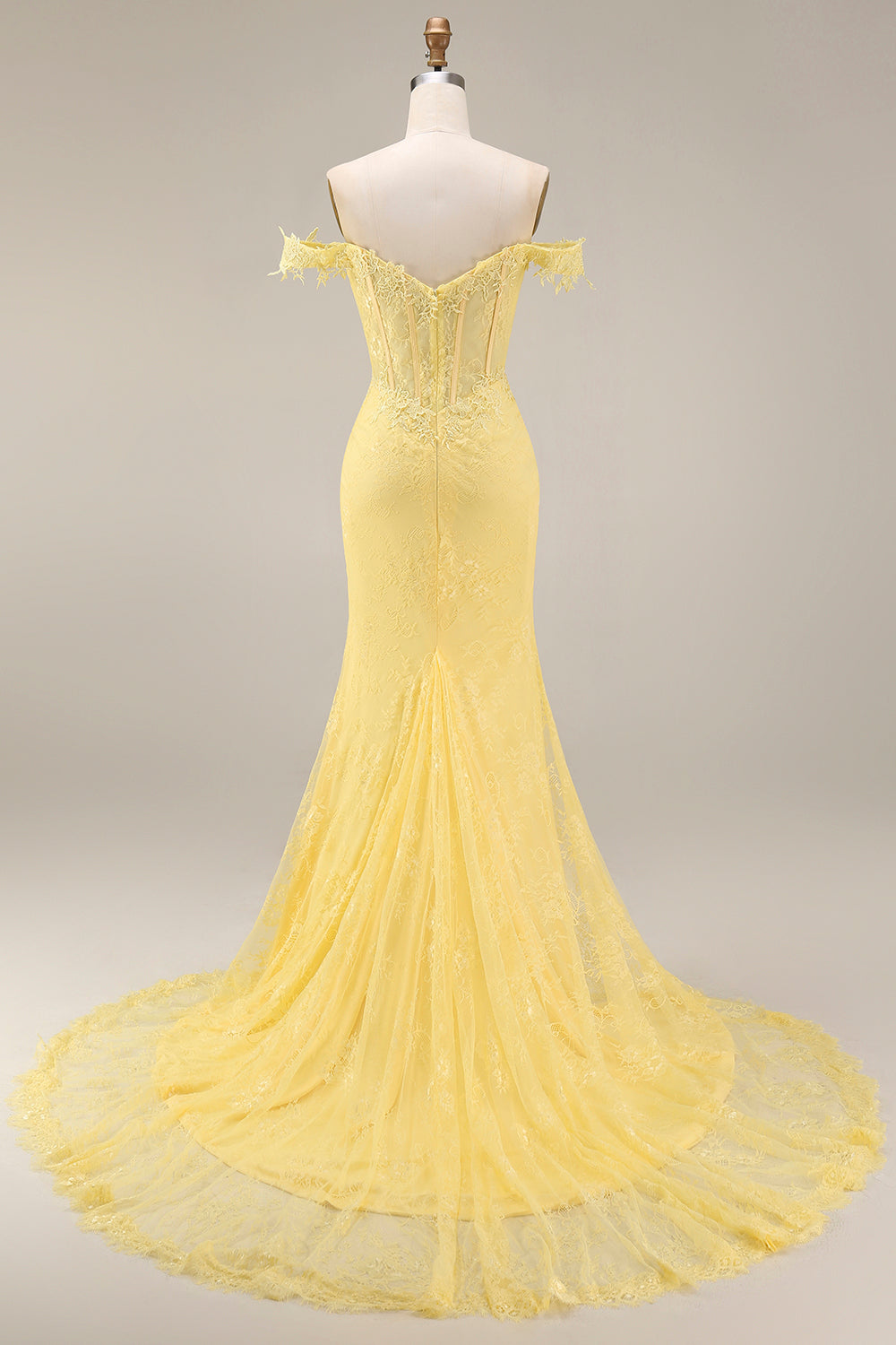 Yellow Lace Mermaid Off-the-Shoulder Corset Long Prom Dress