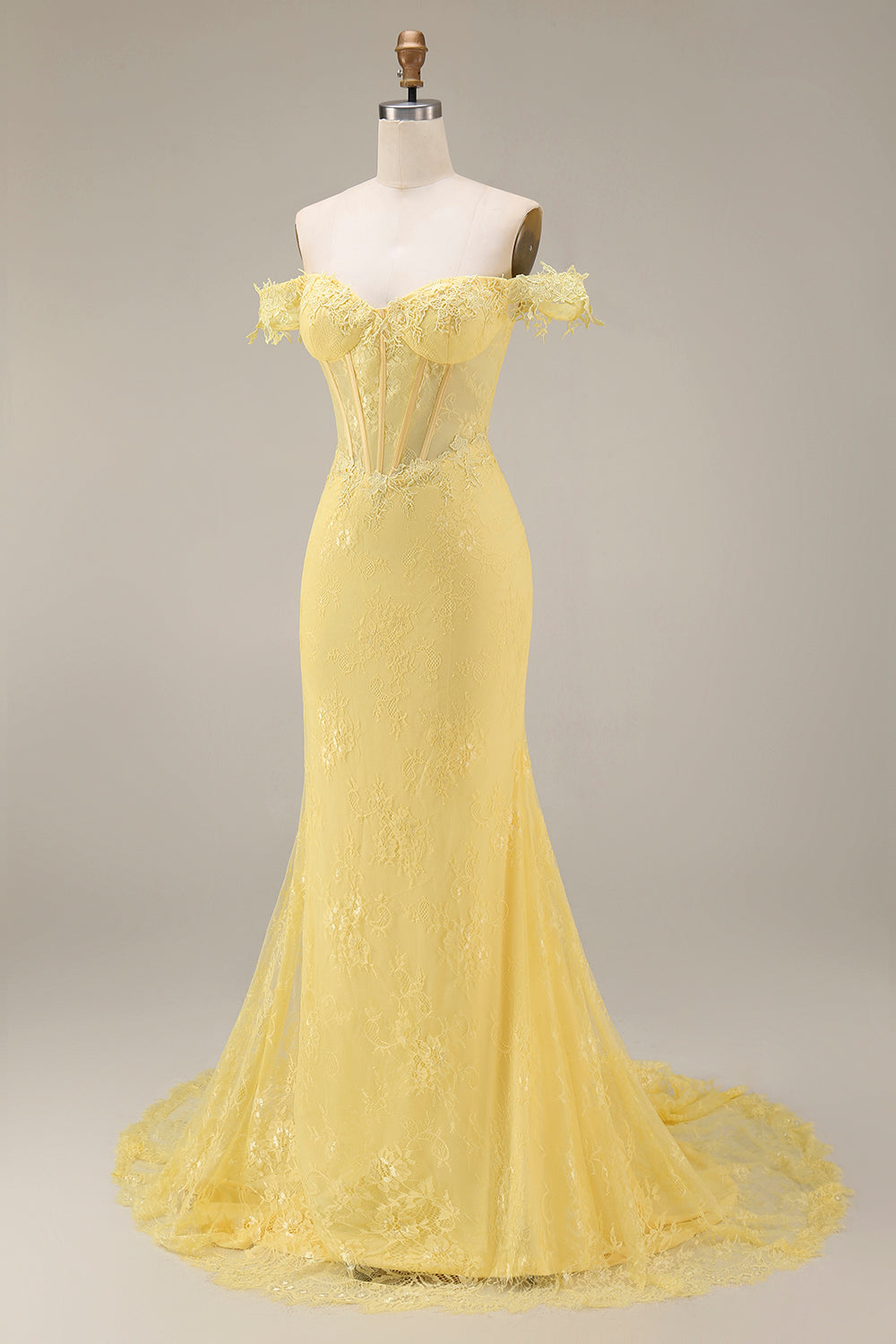 Yellow Lace Mermaid Off-the-Shoulder Corset Long Prom Dress