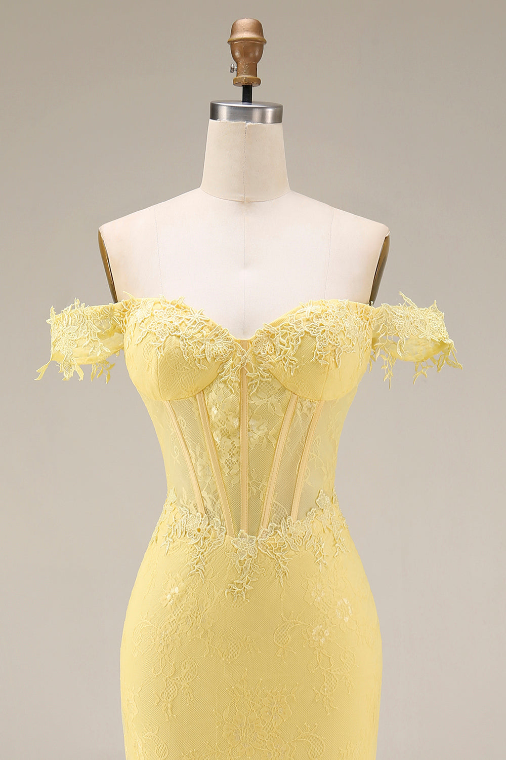 Yellow Lace Mermaid Off-the-Shoulder Corset Long Prom Dress