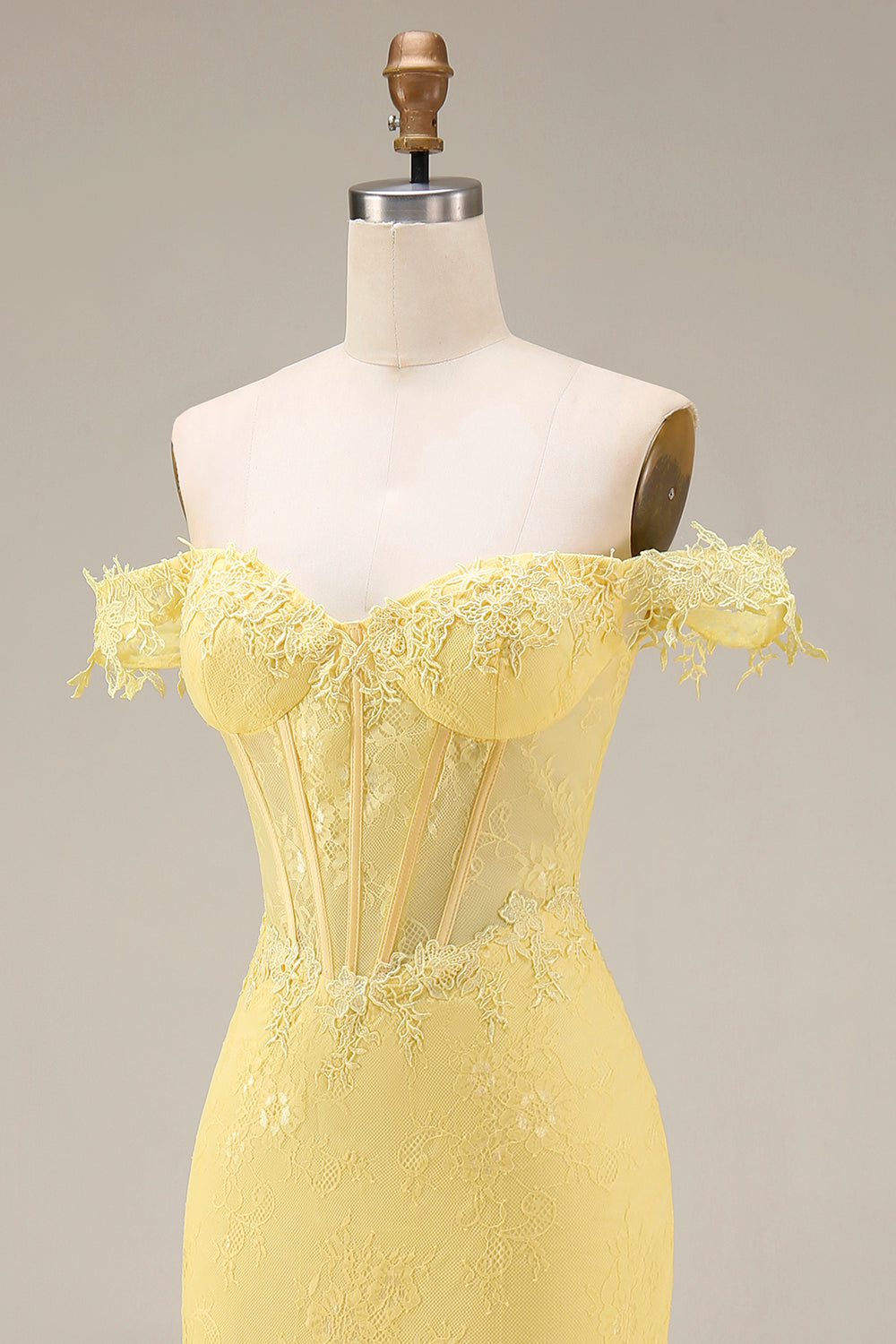 Yellow Lace Mermaid Off-the-Shoulder Corset Long Prom Dress