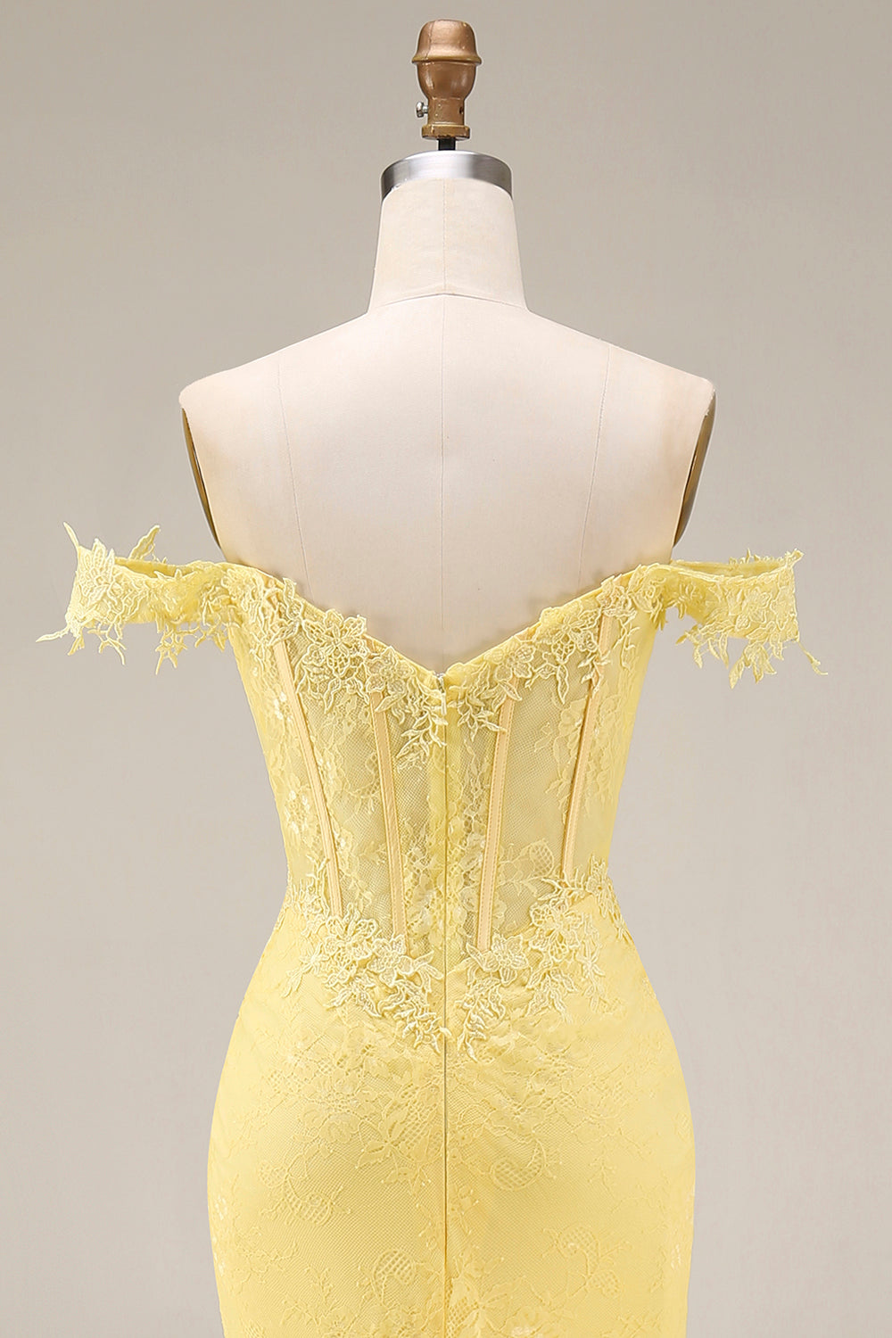 Yellow Lace Mermaid Off-the-Shoulder Corset Long Prom Dress