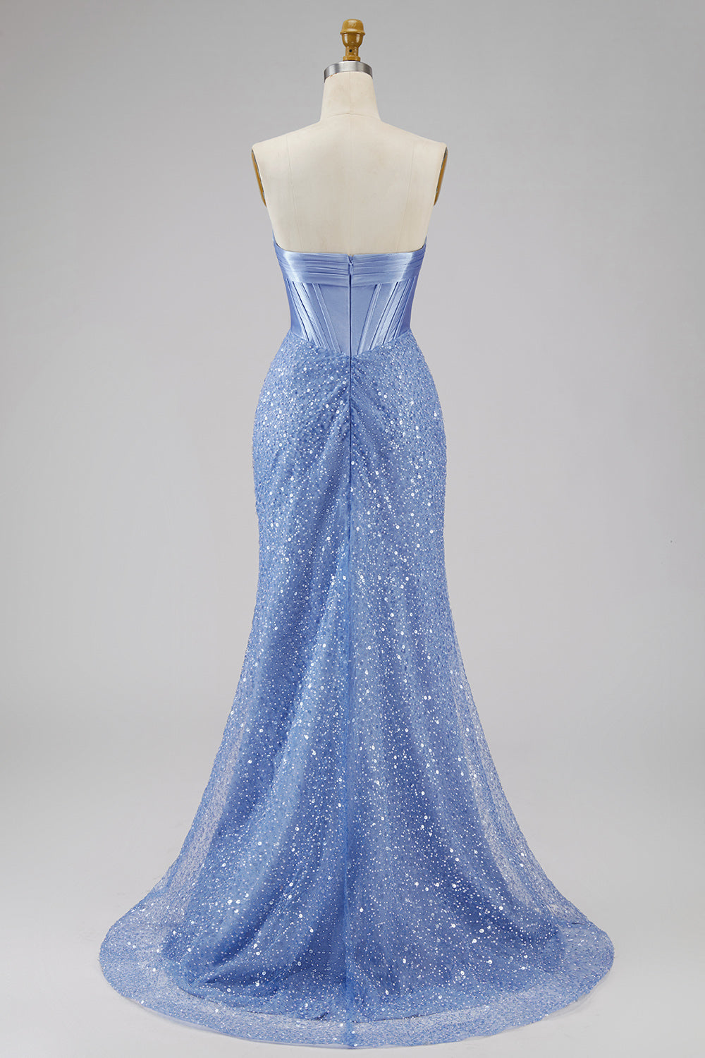 Satin Mermaid Blue Strapless Pearl Embellished Corset Long Prom Dress with Beading
