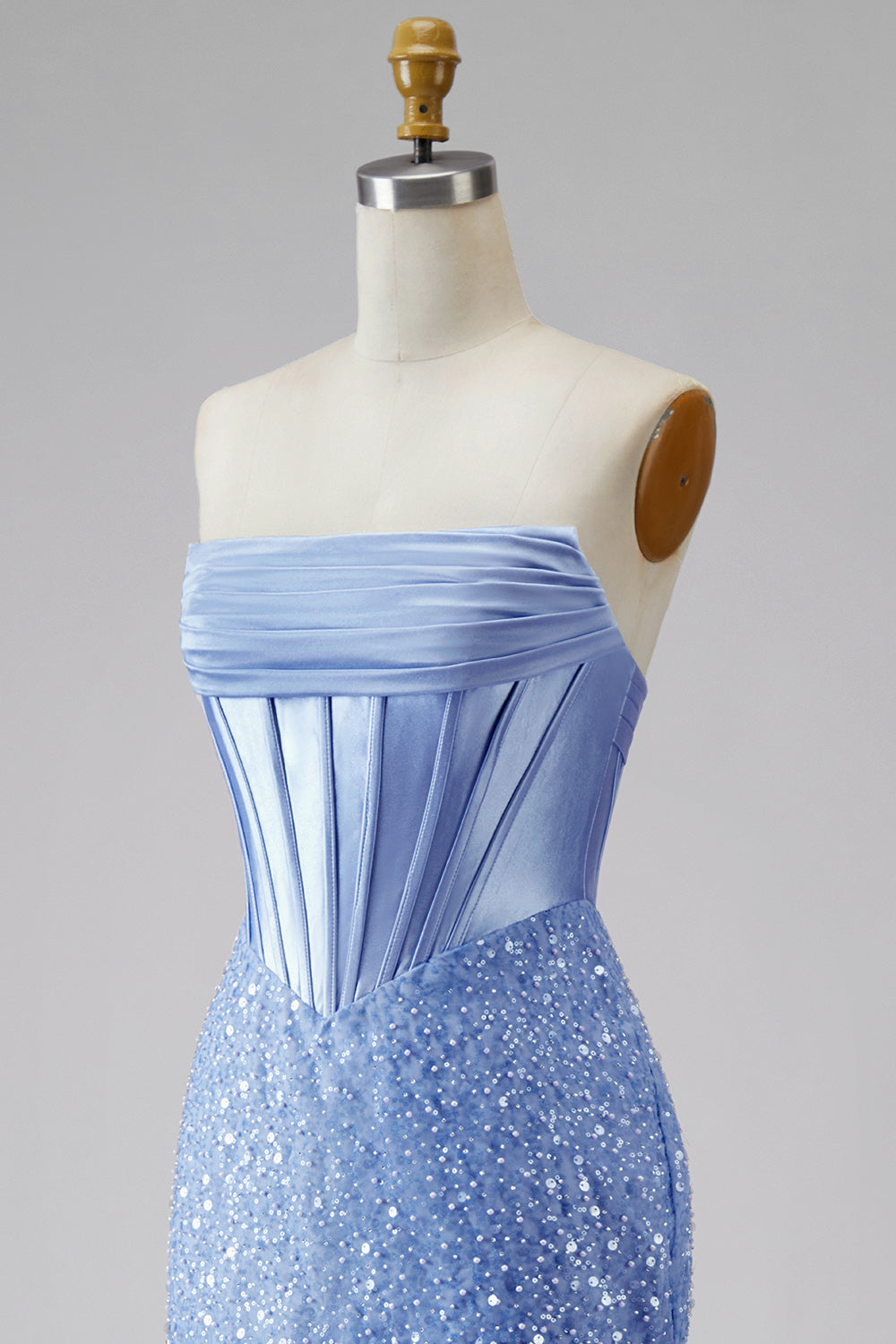 Satin Mermaid Blue Strapless Pearl Embellished Corset Long Prom Dress with Beading