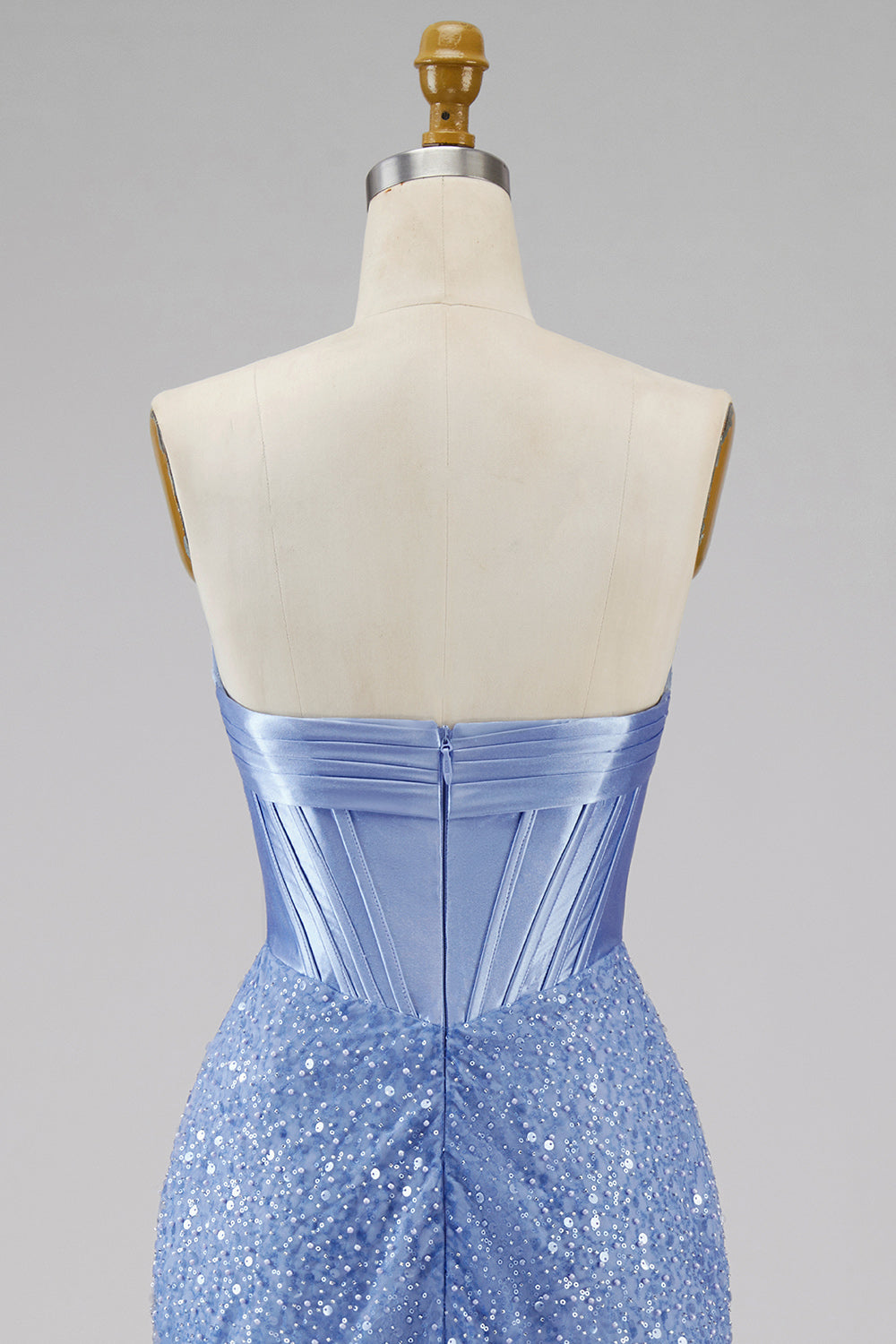 Satin Mermaid Blue Strapless Pearl Embellished Corset Long Prom Dress with Beading