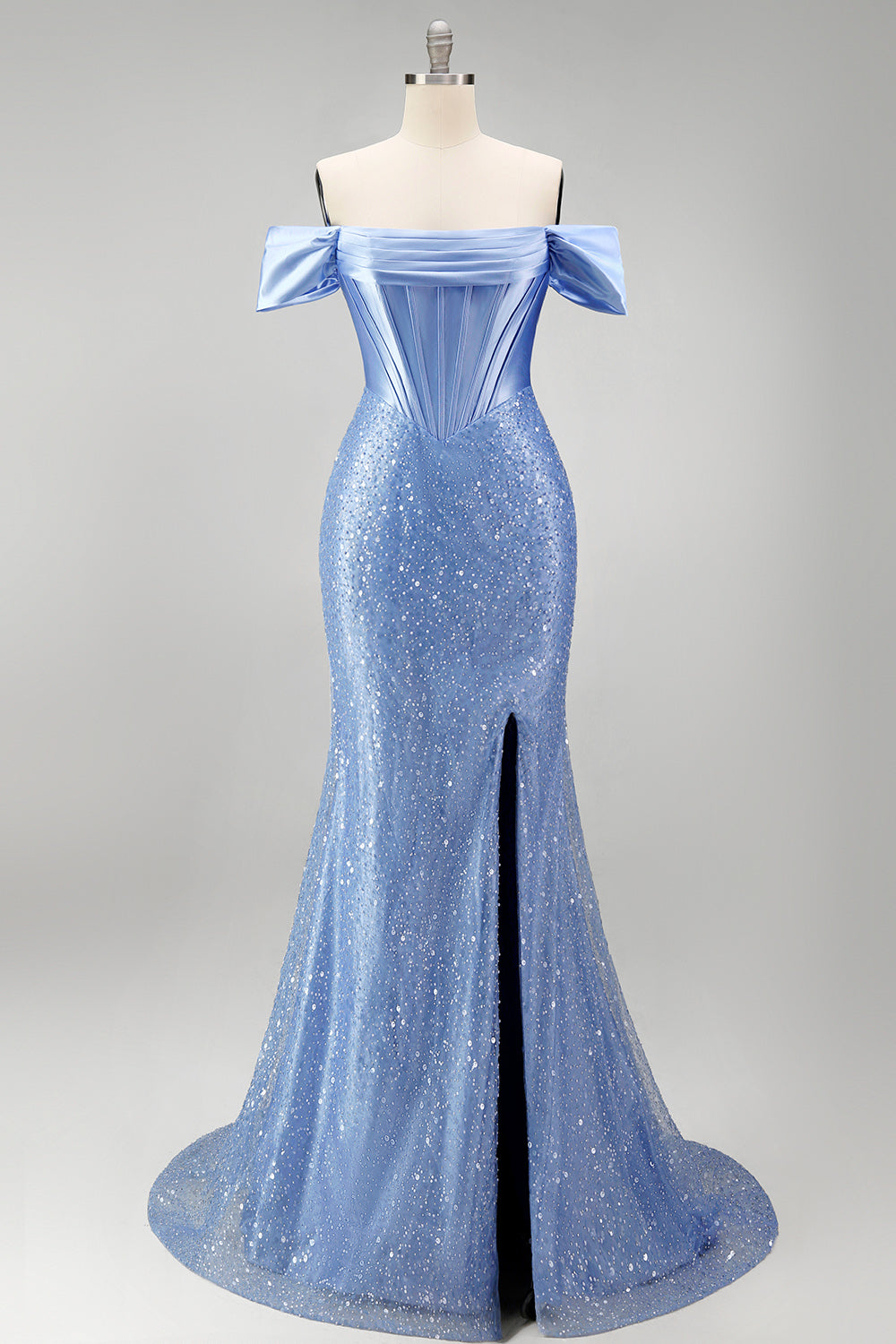 Mermaid Blue Off the Shoulder Pearl Embellished Corset Beaded Long Prom Dress with Slit
