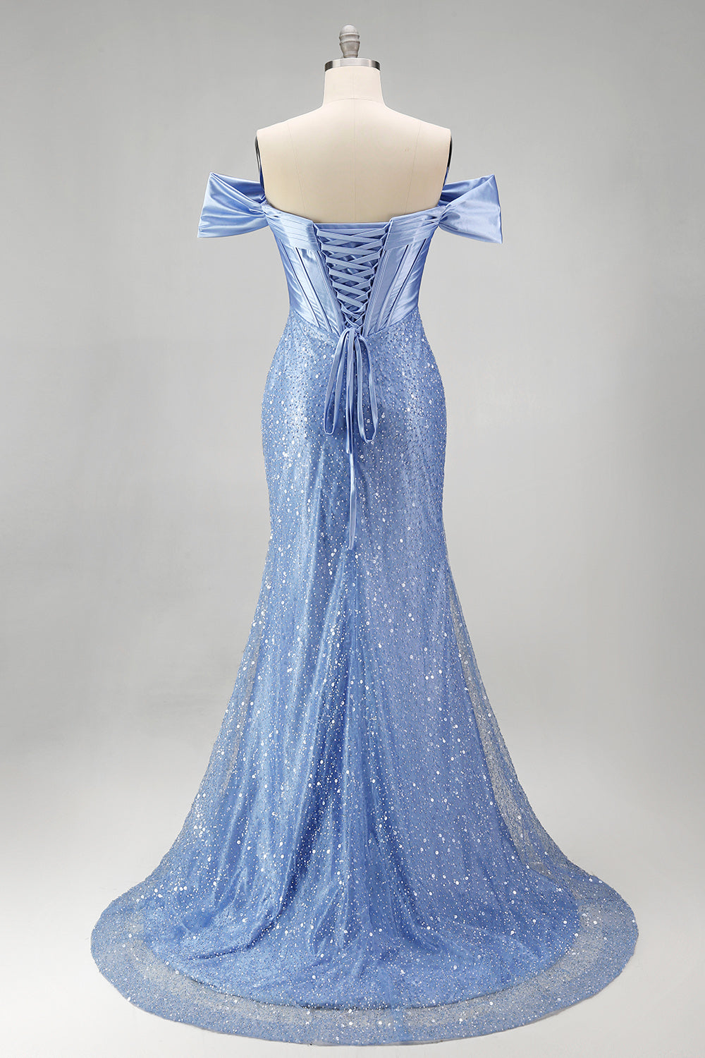 Mermaid Blue Off the Shoulder Pearl Embellished Corset Beaded Long Prom Dress with Slit