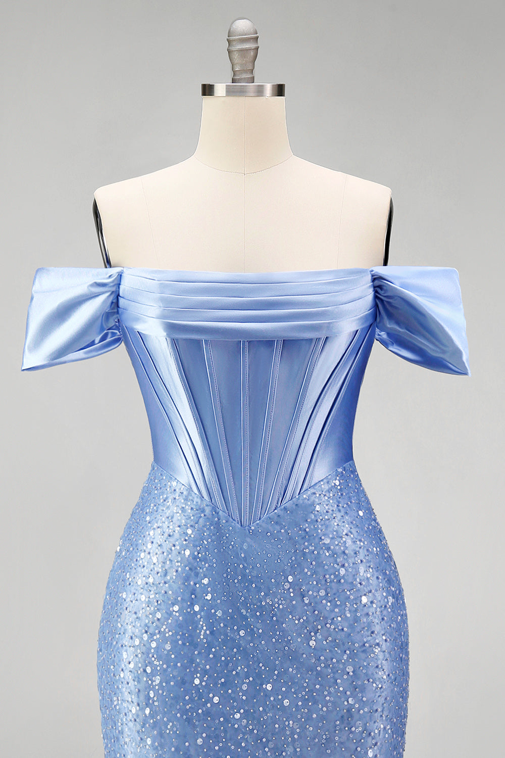 Mermaid Blue Off the Shoulder Pearl Embellished Corset Beaded Long Prom Dress with Slit