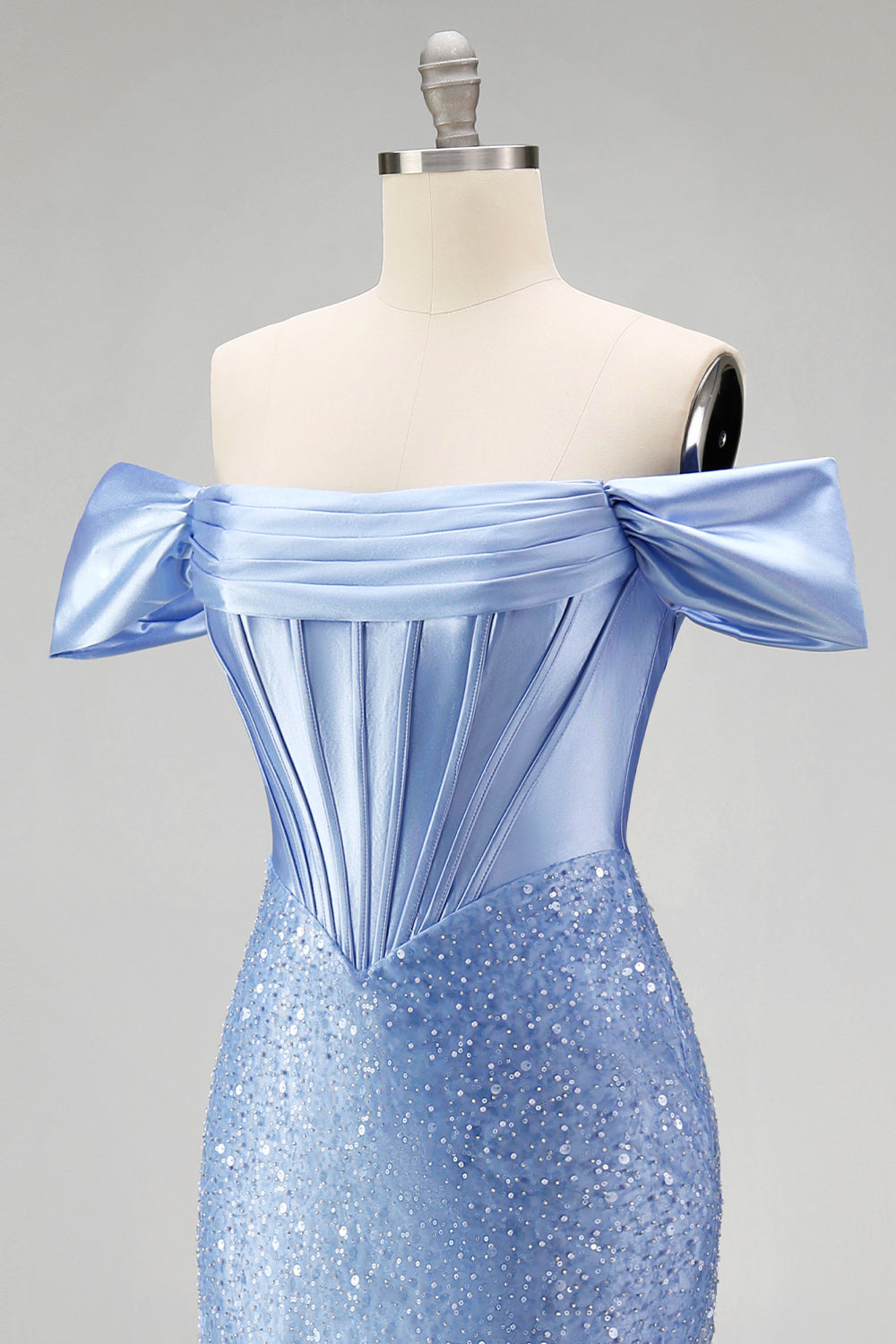 Mermaid Blue Off the Shoulder Pearl Embellished Corset Beaded Long Prom Dress with Slit