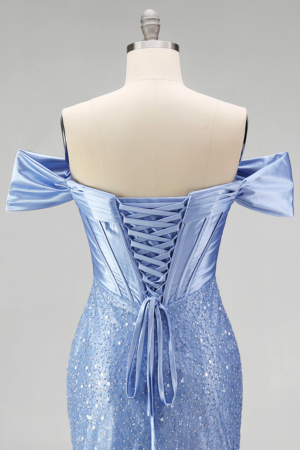 Mermaid Blue Off the Shoulder Pearl Embellished Corset Beaded Long Prom Dress with Slit