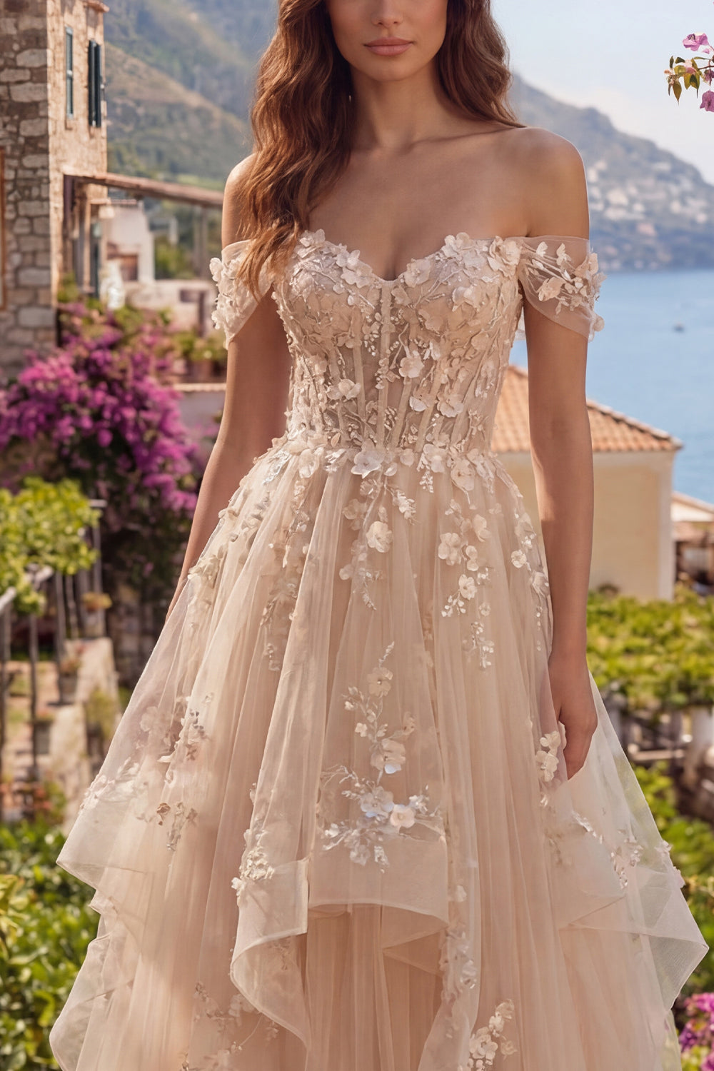 Vestido de fiesta largo de corsé floral con volantes, corte A, hombros descubiertos, color champán