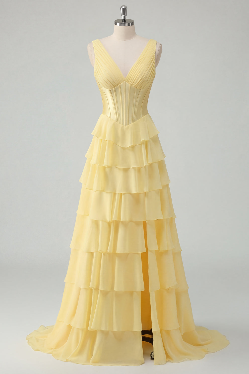 Butter Yellow Chiffon A-Line V-Neck Corset Tiered Ruched Maxi Dress with Slit