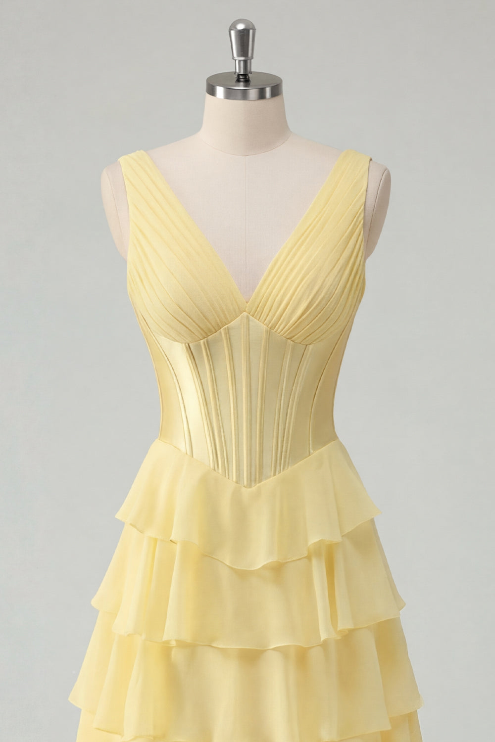 Butter Yellow Chiffon A-Line V-Neck Corset Tiered Ruched Maxi Dress with Slit