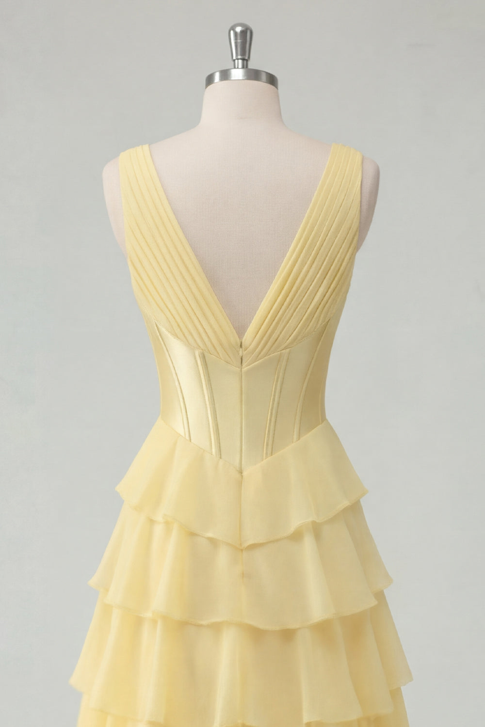 Butter Yellow Chiffon A-Line V-Neck Corset Tiered Ruched Maxi Dress with Slit