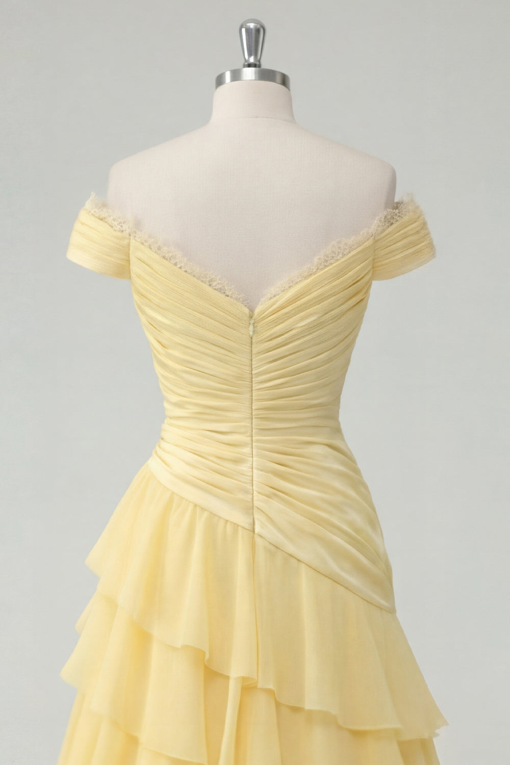 Off the Shoulder Chiffon Butter Yellow A-Line Ruched Tiered Maxi Dress with Slit