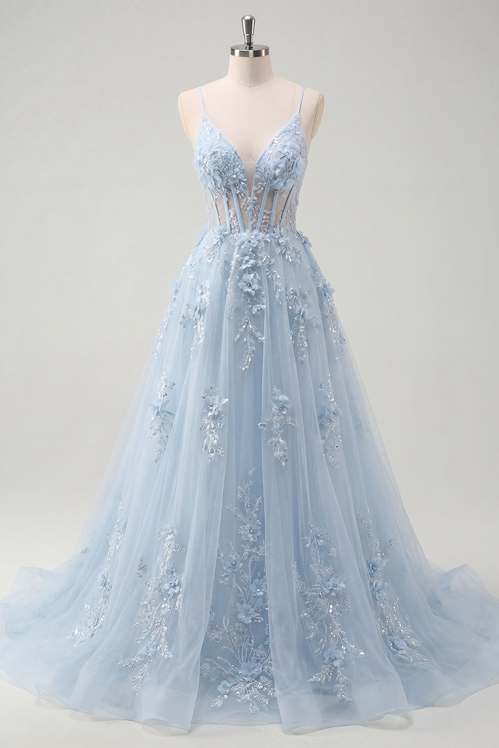 A-Line Blue Spaghetti Straps Beaded Sheer Corset Long Prom Dress with Appliques