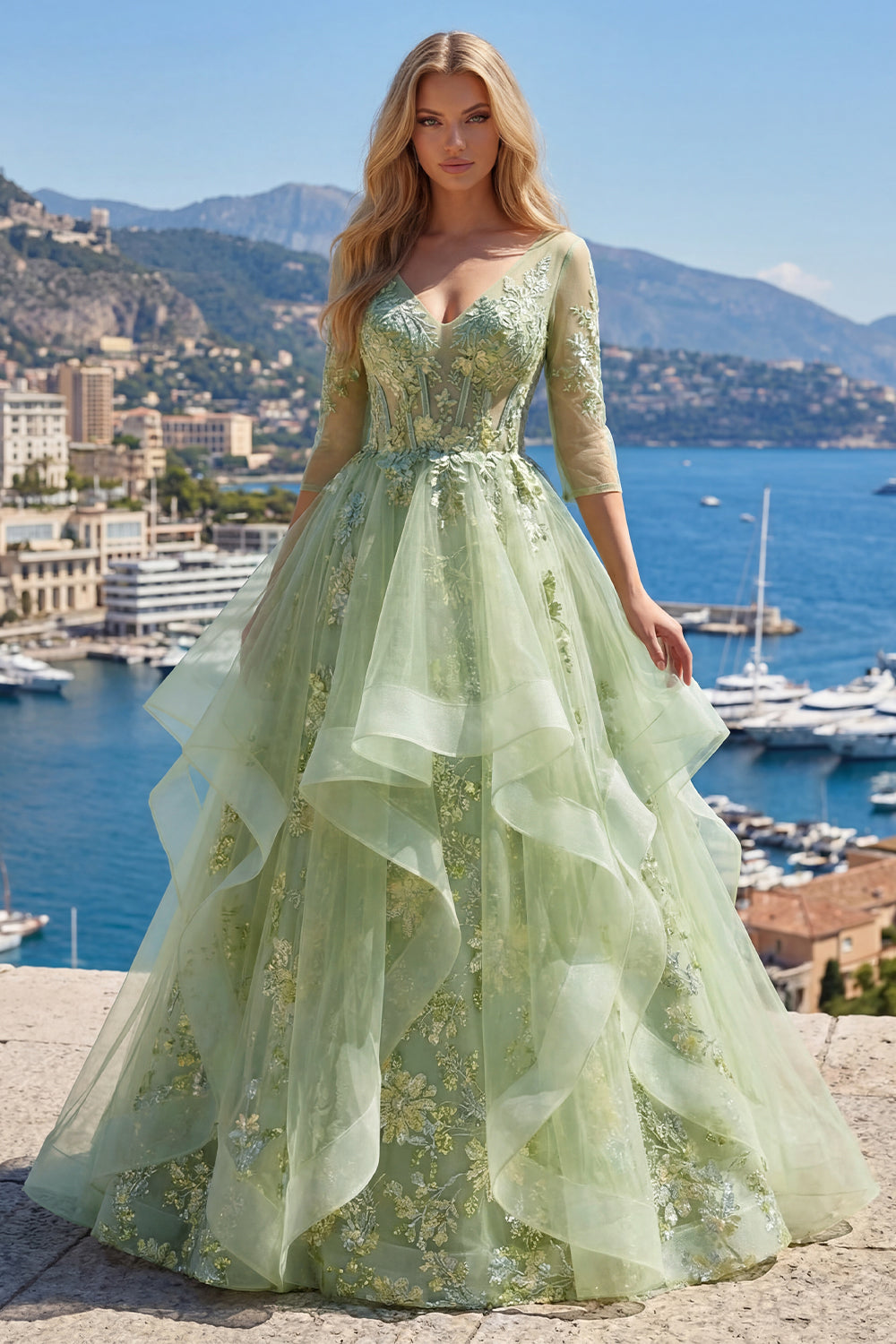 Robe de soirée longue verte, ligne A, corset, col en V, appliqués et volants