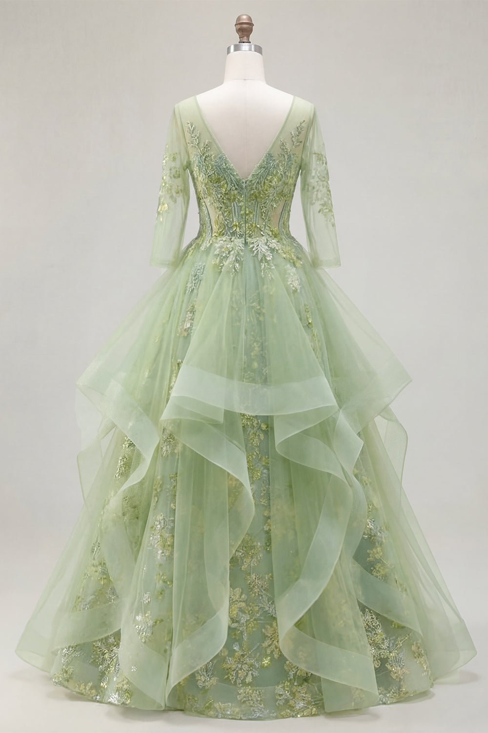 Robe de soirée longue verte, ligne A, corset, col en V, appliqués et volants