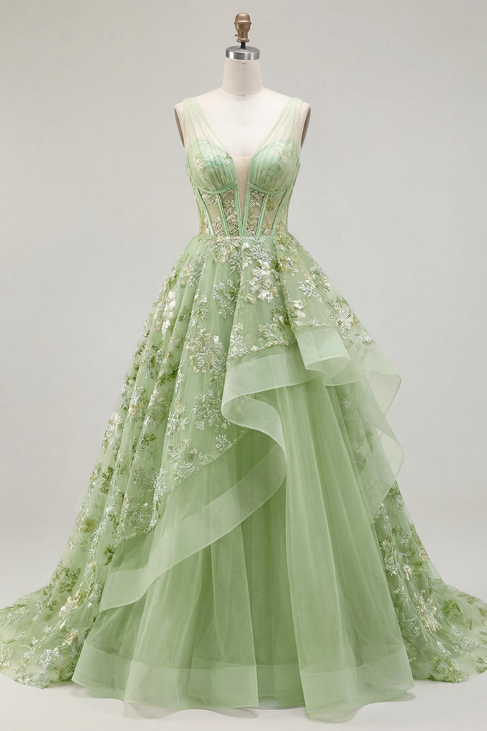 Green A-Line Corset V-Neck Appliqued Long Prom Dress with Ruffles