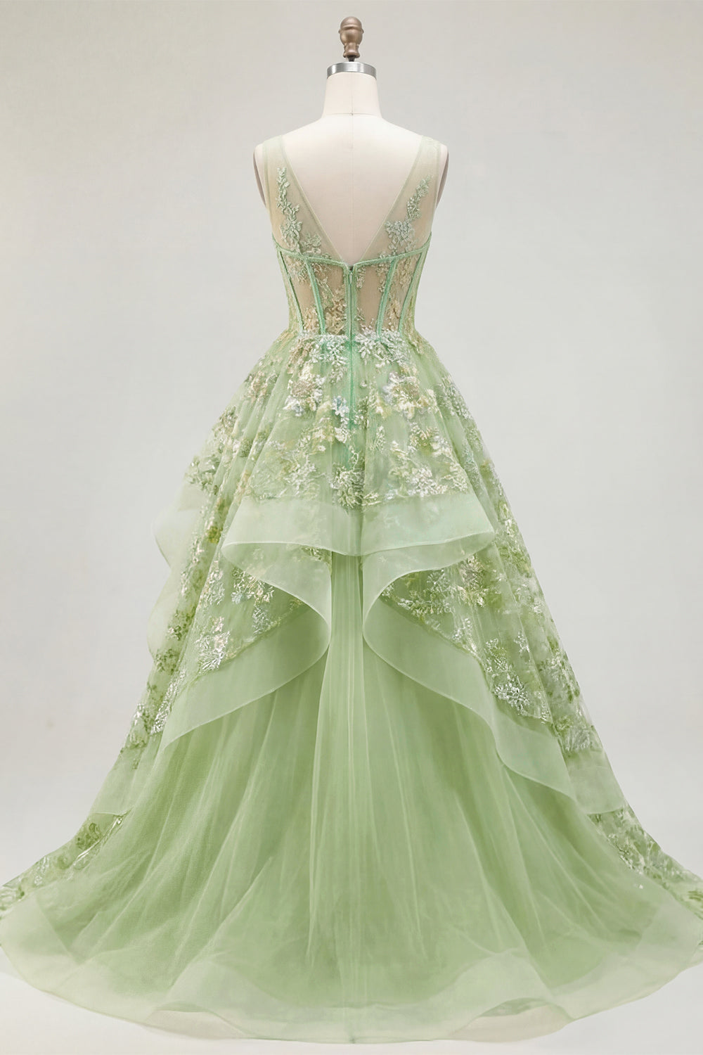 Green A-Line Corset V-Neck Appliqued Long Prom Dress with Ruffles