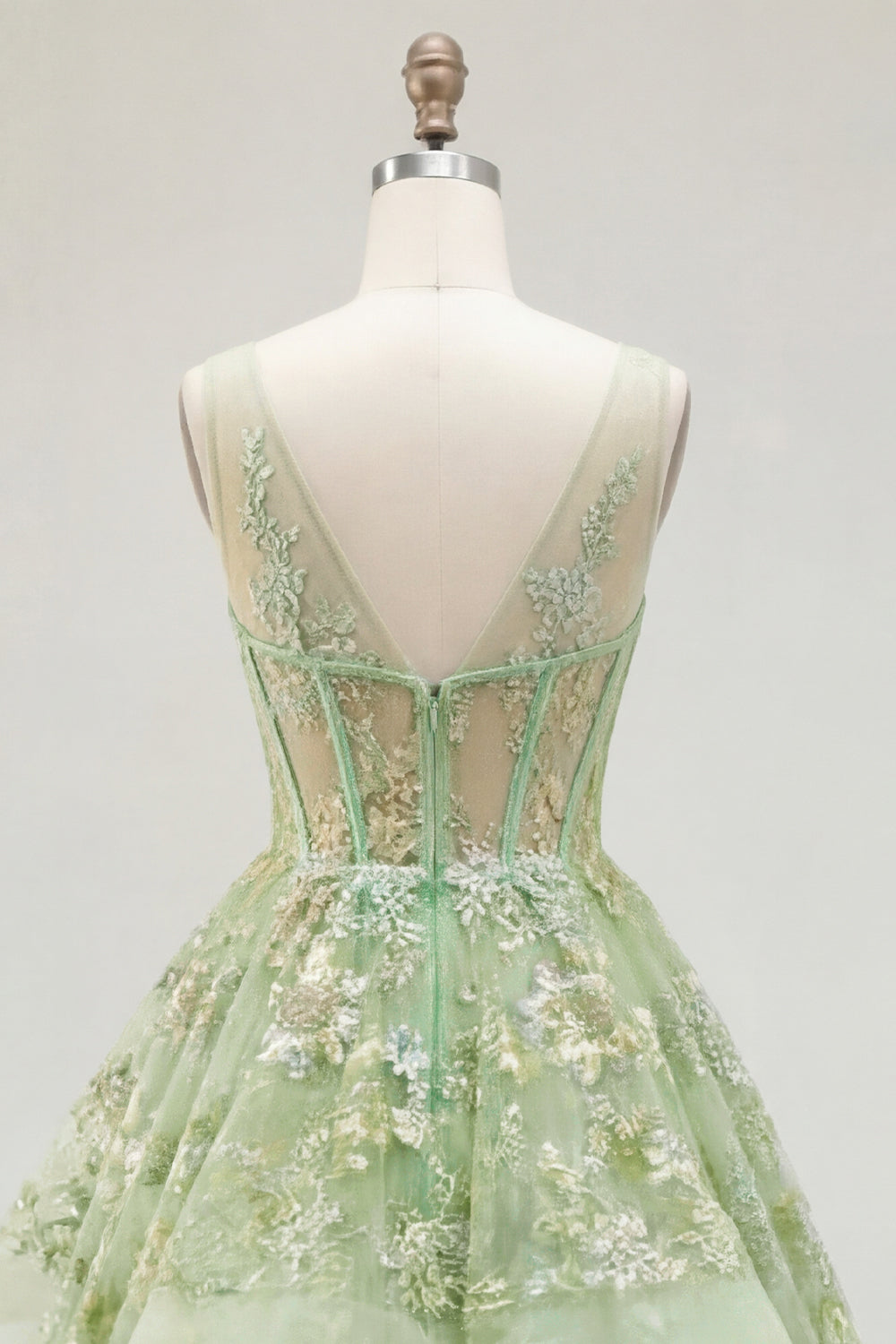 Green A-Line Corset V-Neck Appliqued Long Prom Dress with Ruffles