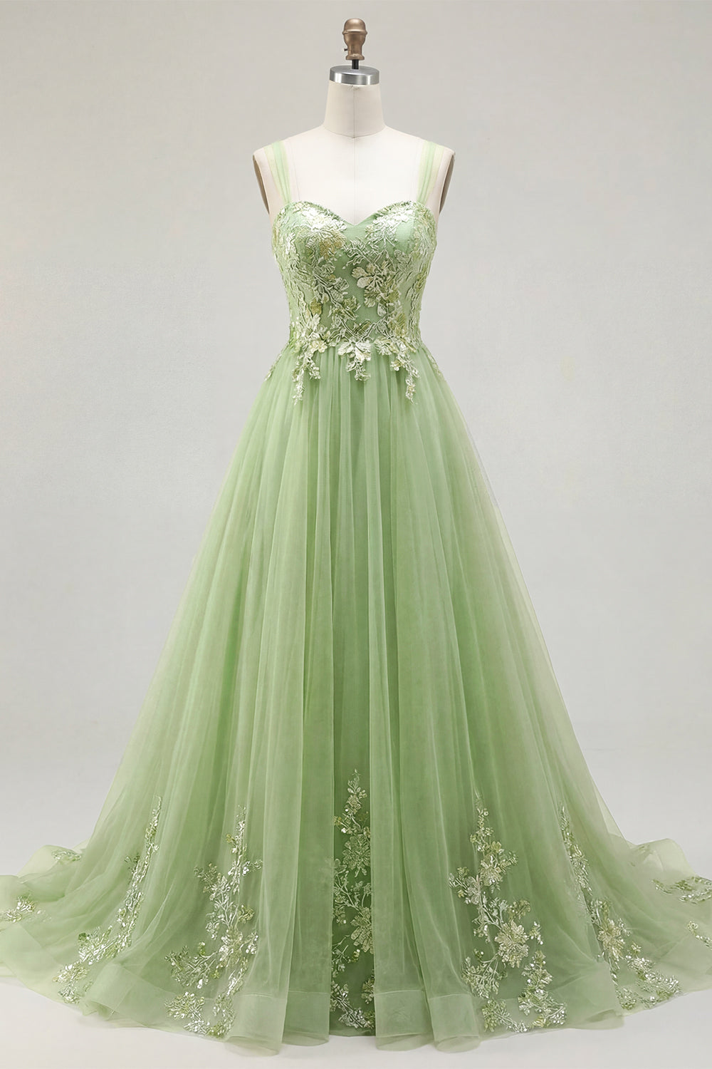 Robe de bal longue verte à bretelles spaghetti, coupe évasée, ornée de motifs floraux et d'appliqués