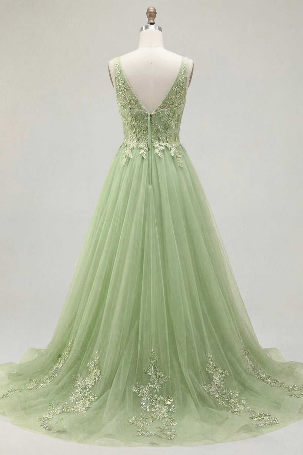 Robe de bal longue verte à bretelles spaghetti, coupe évasée, ornée de motifs floraux et d'appliqués