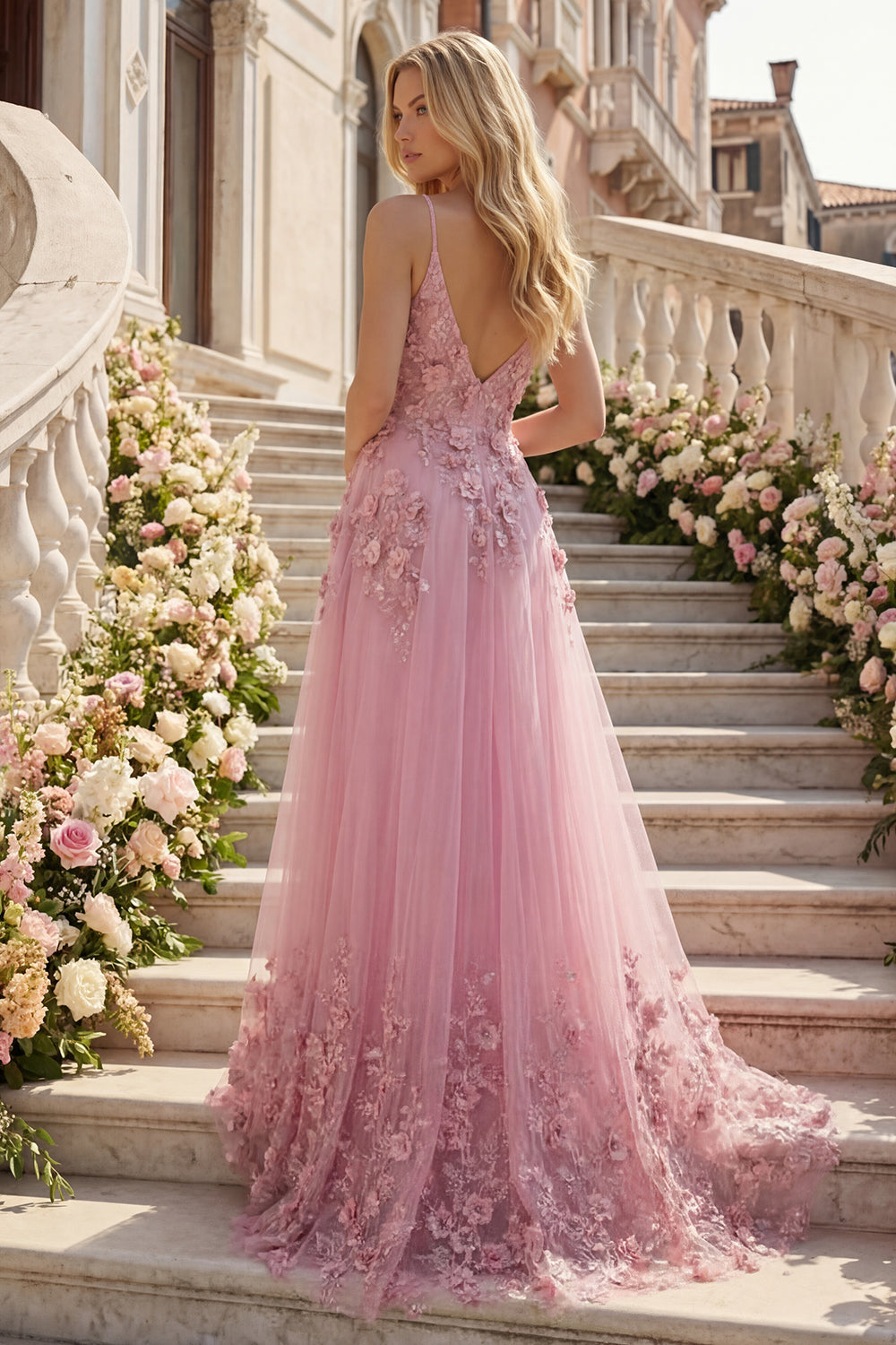 Taro A-Line Spaghetti Straps Long Prom Dress with Appliqued 3D Flowers